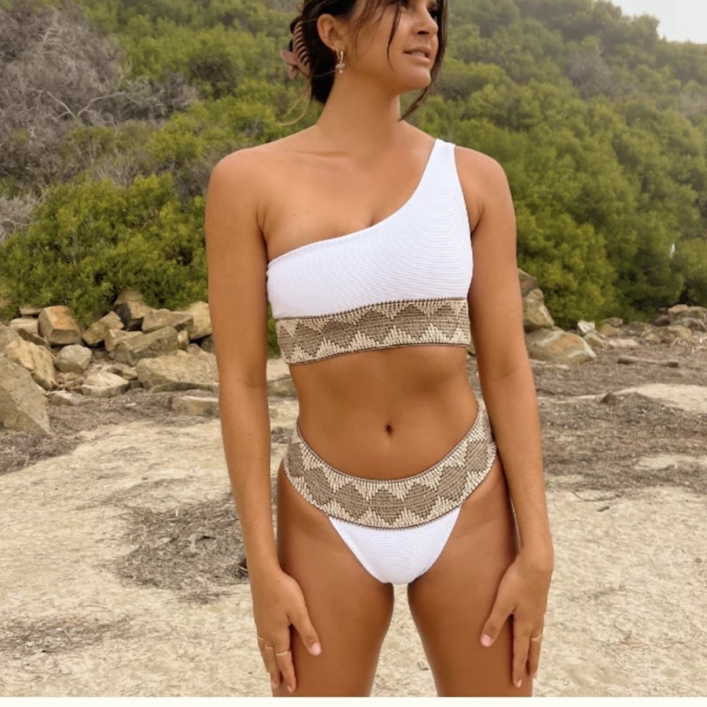 Elysiian One-Shoulder White and Tan Bikini